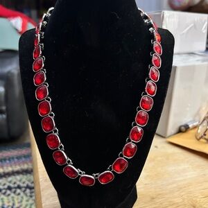Ruby Red Oval Crystal Link Necklace – Silver Tone Bezel Set Statement Necklace